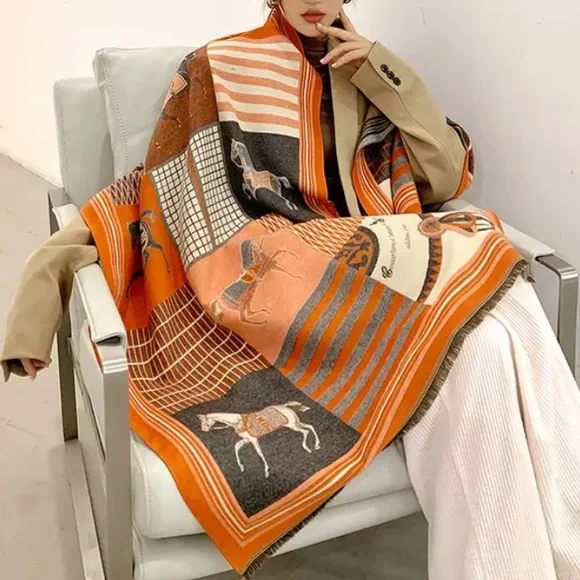 Reversible New Western Horse Scarf Shawl Pashmina Blanket Wrap - Picture 1 of 14